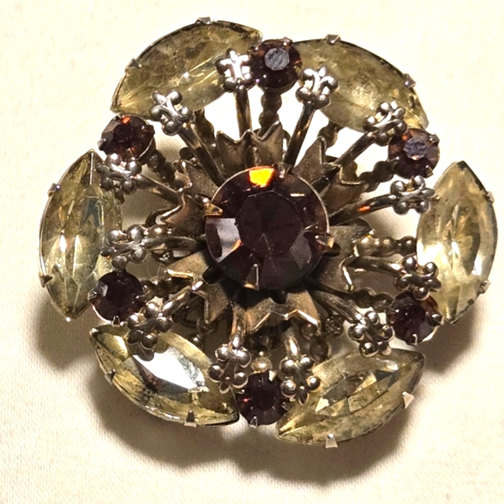 Golden Brown and Yellow Rhinestone Brooch Atomic Style 1950s Vintage